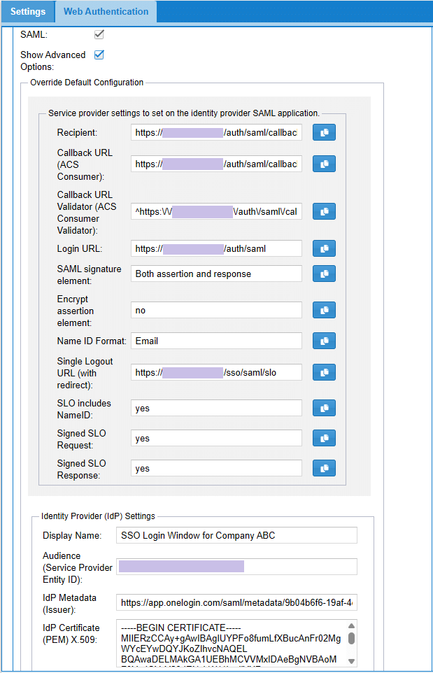 Clearly Cloud Web Authentication SAML settings