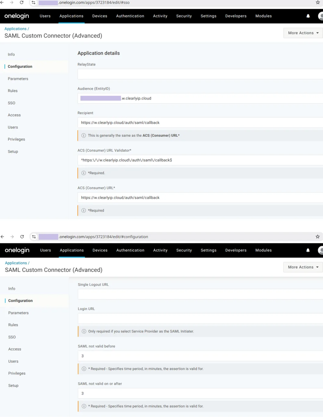 OneLogin SAML application configuration settings