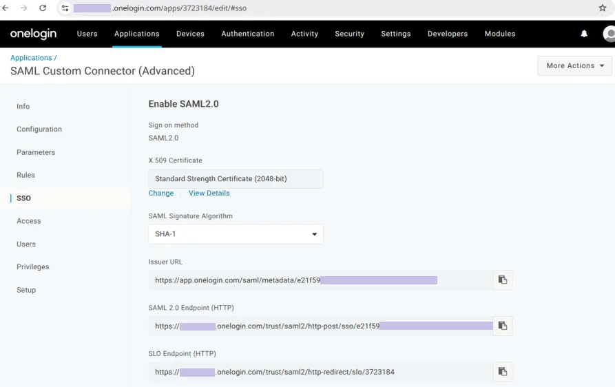 OneLogin SAML application SSO configuration