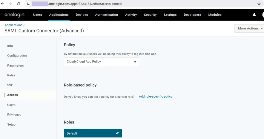 OneLogin SAML application access configuration