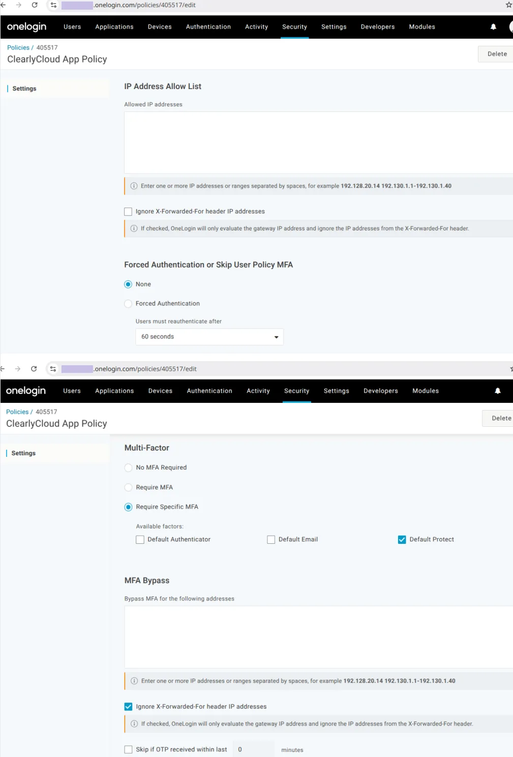 OneLogin security policy configuration
