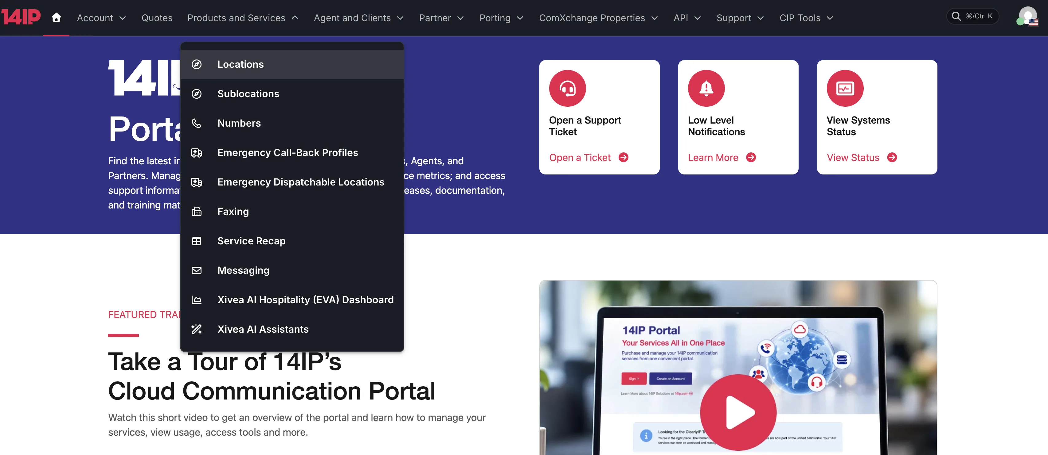 Products and Services menu showing Xivea AI Hospitality (EVA) Dashboard