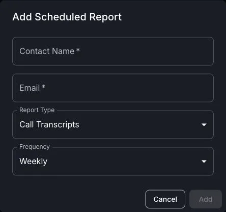 Add Scheduled Report form with blank Contact Name and Email fields, Report Type, Frequency, Cancel and Add controls