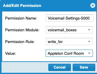 Permission dialog showing Voicemail Settings-5000