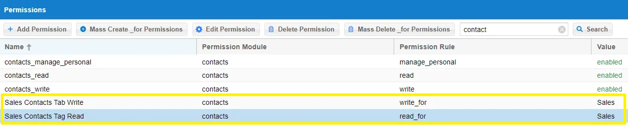 Screenshot showing The following screenshot shows the status of all the permissions related to contacts