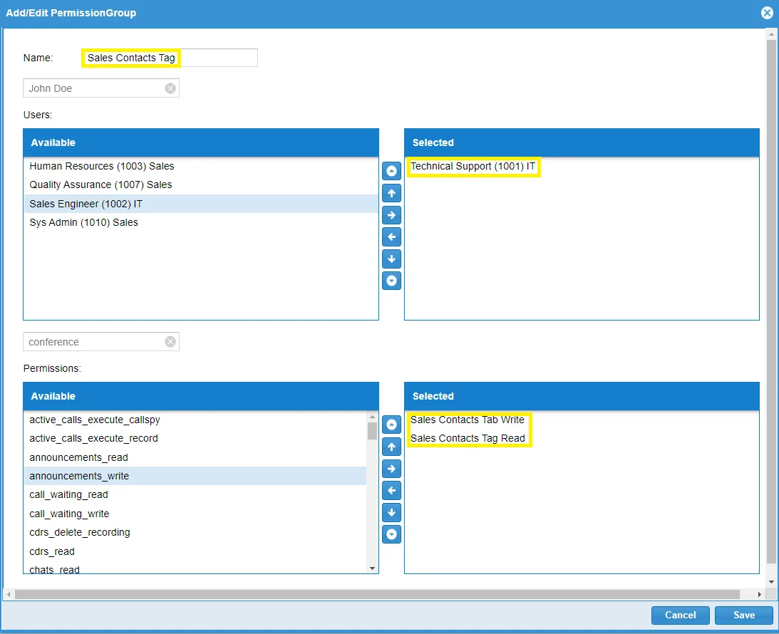 Screenshot showing In our case we will create a permission group with the name Sales Contact Tag as follows and we will make sure that the permissions created in the previous step 