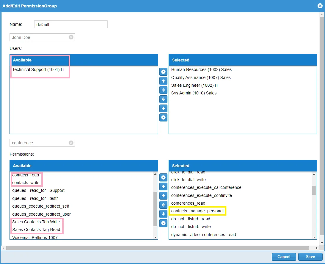 Screenshot showing We can also remove the contacts permissions from the default group, so the others users won't see the Sales Tag