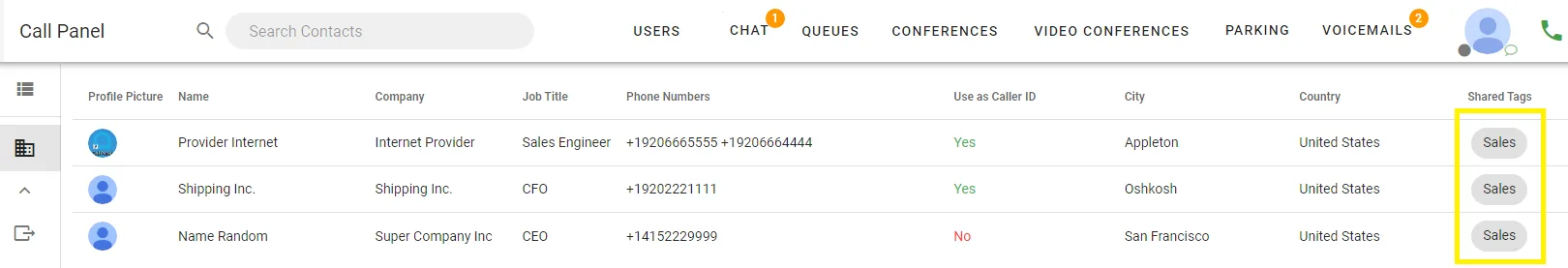 Screenshot showing Now we log in Call Panel and very that only the contacts with the Sales tag are shown for the user 1001