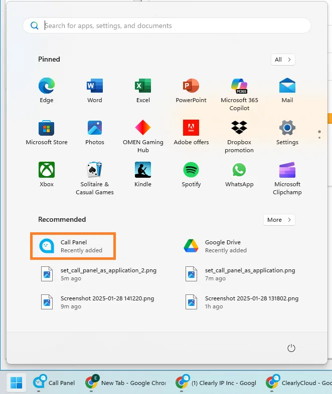 Call Panel shortcut in the Windows Start menu