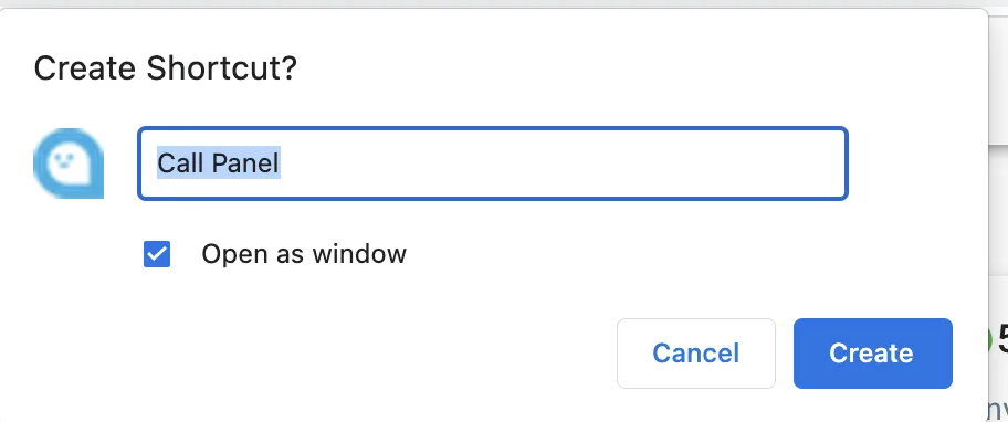 Chrome Create Shortcut dialog with Open as window selected