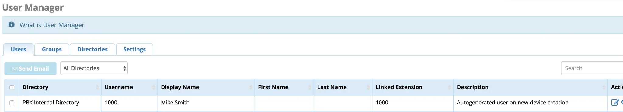 Screenshot showing Navigate to the User Management module on your PBX and edit either the User or the group to verify and enable OpenVPN for any users or groups that you want to ha