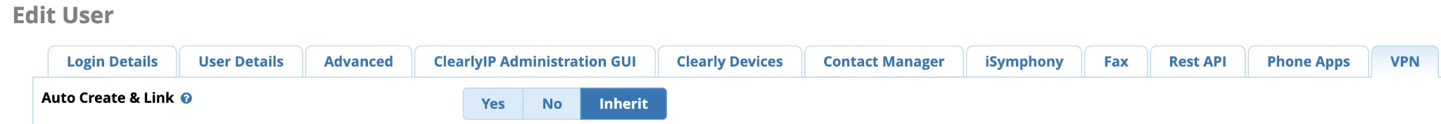 Screenshot showing Under the VPN tab either set Enabled to be Yes or if editing a user you can set it to Inherit as long as the group they belong to has the VPN enabled