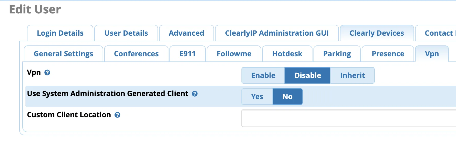 Screenshot showing Click on the Clearly Devices tab from within the user or group and click on the VPN tab