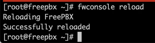 Screenshot showing Now we need to reload FreePBX with the following command fwconsole reload