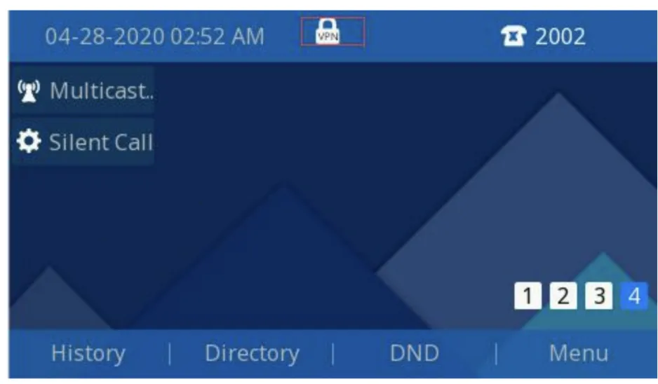 Screenshot showing Once the phone is properly provisioned to use the VPN you will see a small VPN icon on the top menu of the phones idle screen as shown below
