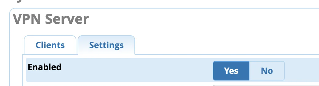 Screenshot showing On the settings tab make sure you have the VPN server enabled